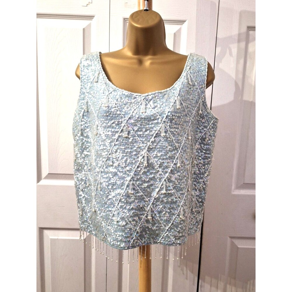 60s Hand Beaded Fringe Blue Sequin Wool Sleeveless Sweater Med Lg Cocktail Party